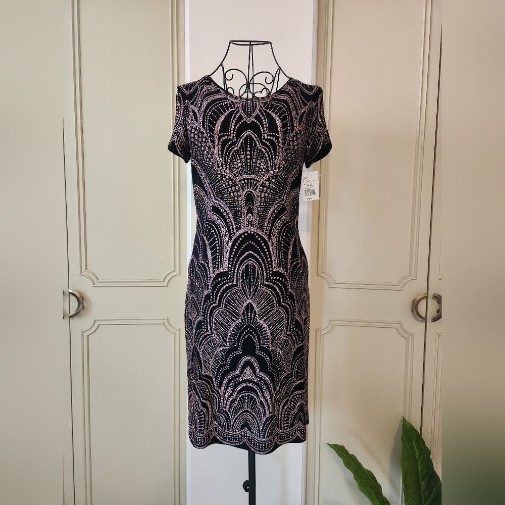 JUMP Womens Size Medium Black and Rose Gold Sheath Art Deco Sparkly Dress Sz 6